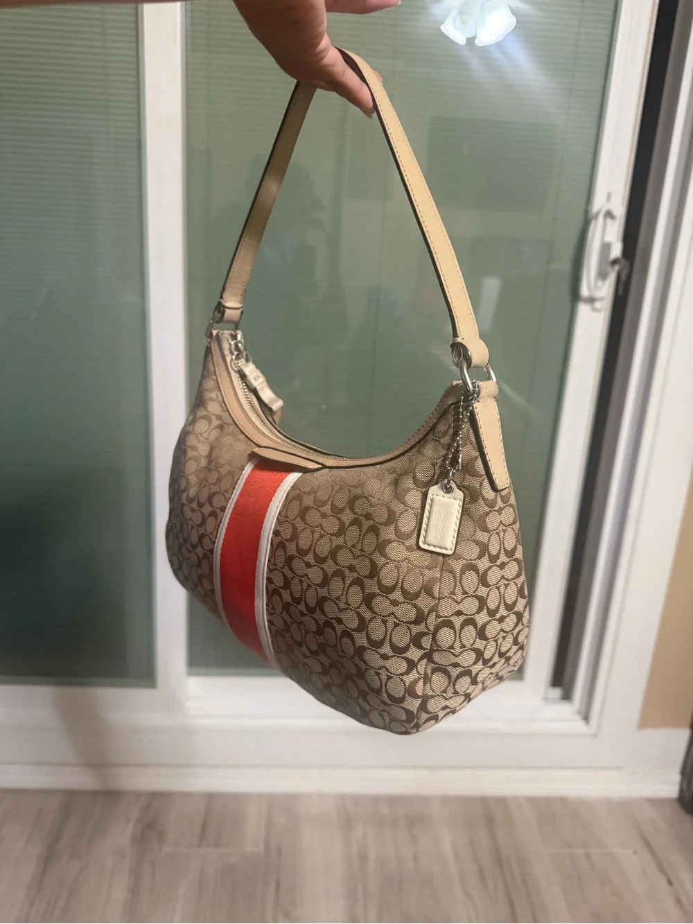 Coach Signature Monogram Shoulder Bag with Coral Stripe